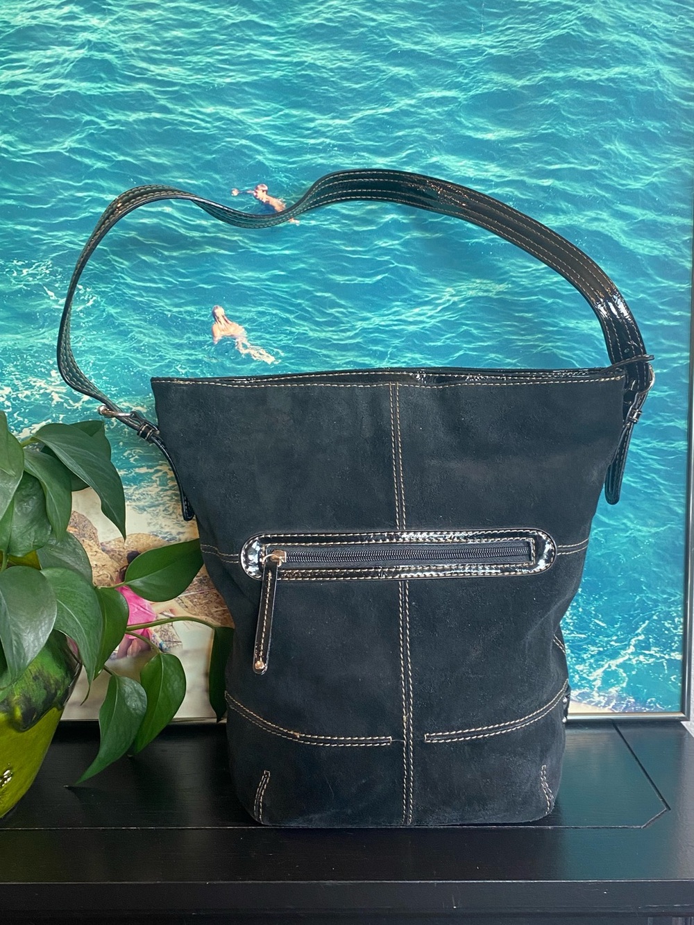 Tignanello Brown and Gold Chain-Print Lined Handbag